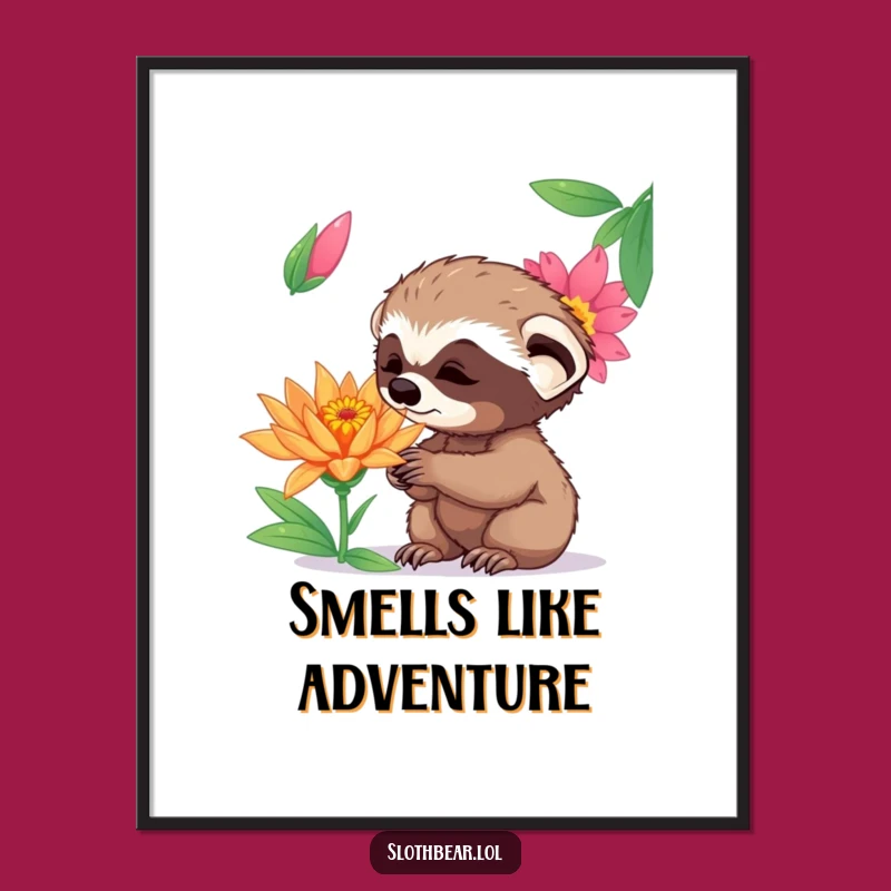Funny Curious Sloth Bear Cub Poster - Wonderful Flower Art Print Gift