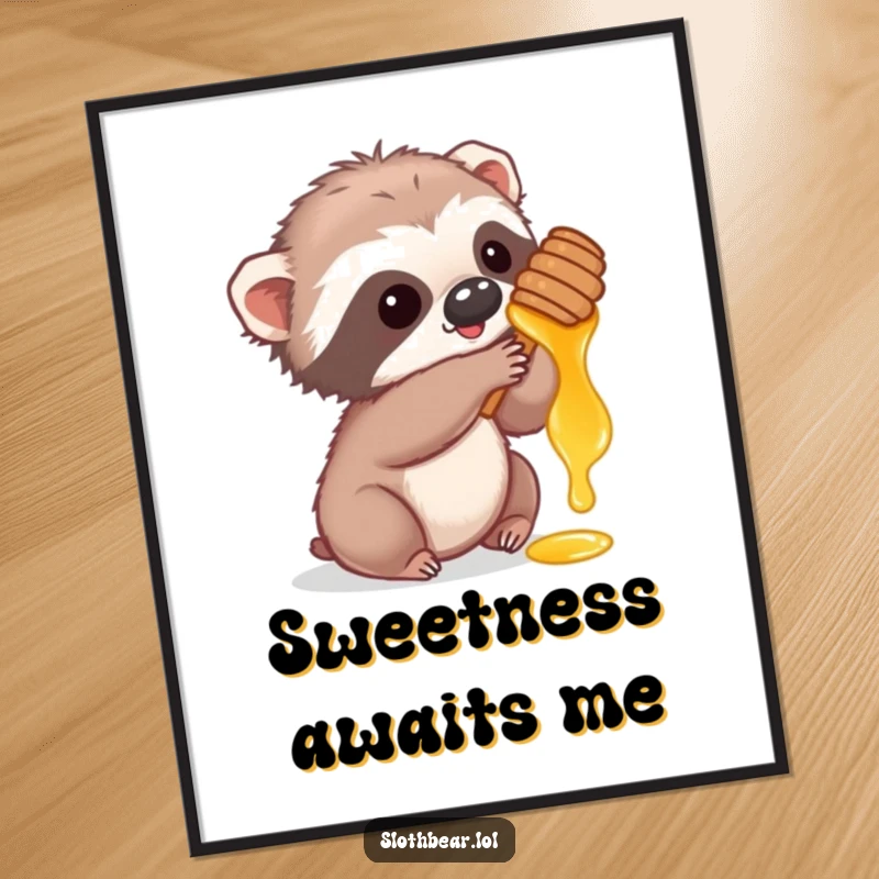 Funny poster of a cute sloth bear cub playfully reaching for honey, symbolizing adorable sweetness and charm.