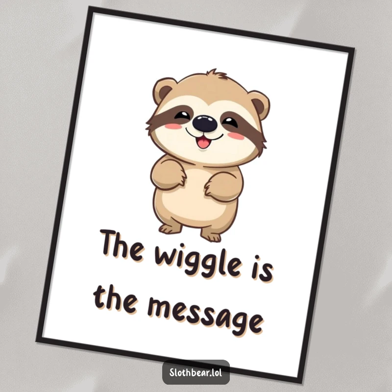 Funny poster of a sloth bear performing a dynamic wiggle dance, creating a humorous and energetic piece of wall art for maximum smiles.