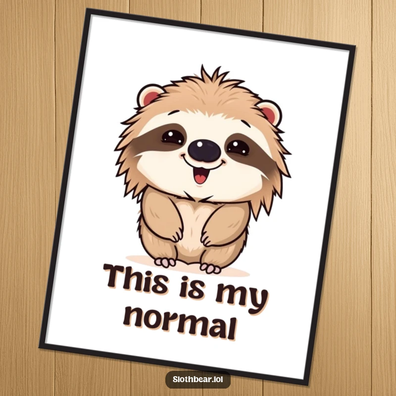 Funny poster of a sloth bear making a bizarre and humorous face, creating a comical and expressive piece of wall art.