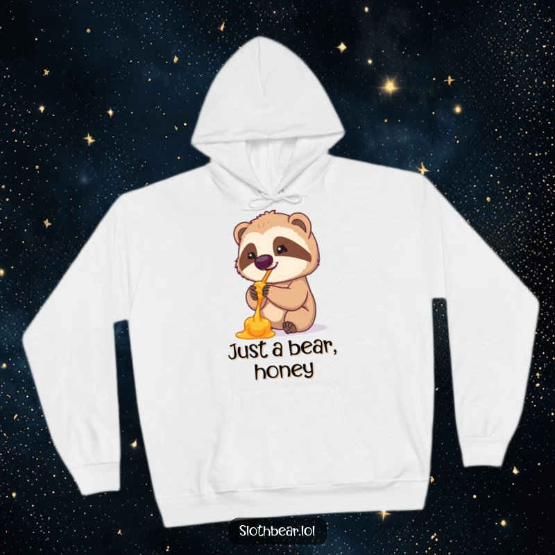 Funny hoodie featuring a delightful sloth bear happily licking sweet honey from its paw. This cozy apparel is a perfect funny gift.