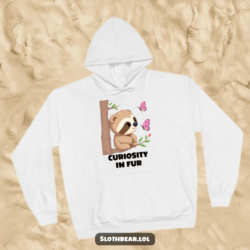 Funny Hoodie displaying a curious sloth bear intently watching a butterfly, offering warmth and a sense of gentle wonder.