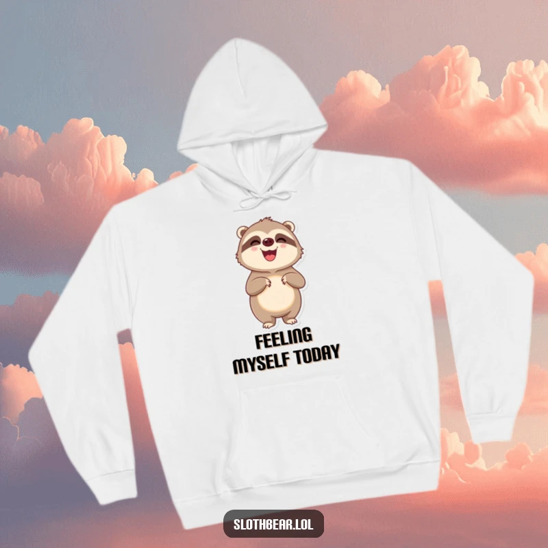 Funny delighted sloth bear character standing on hind legs looking pleased, printed on a warm and cozy hoodie.