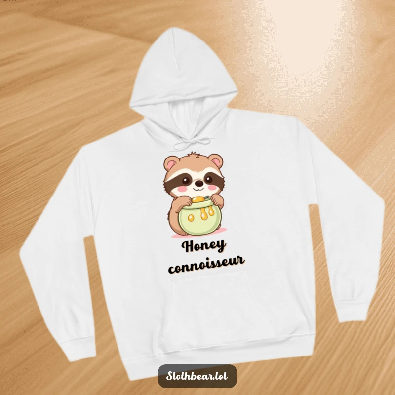Funny Kawaii Sloth Bear Hoodie featuring a cute bear reaching for honey, offering cozy cuteness and a fantastic funny gift.