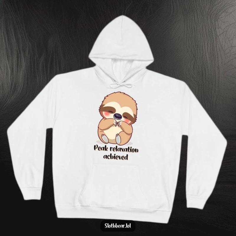 Funny hoodie with a content sloth bear happily scratching its belly, offering warmth and humorous relaxation, ideal for comfy, fun attire.