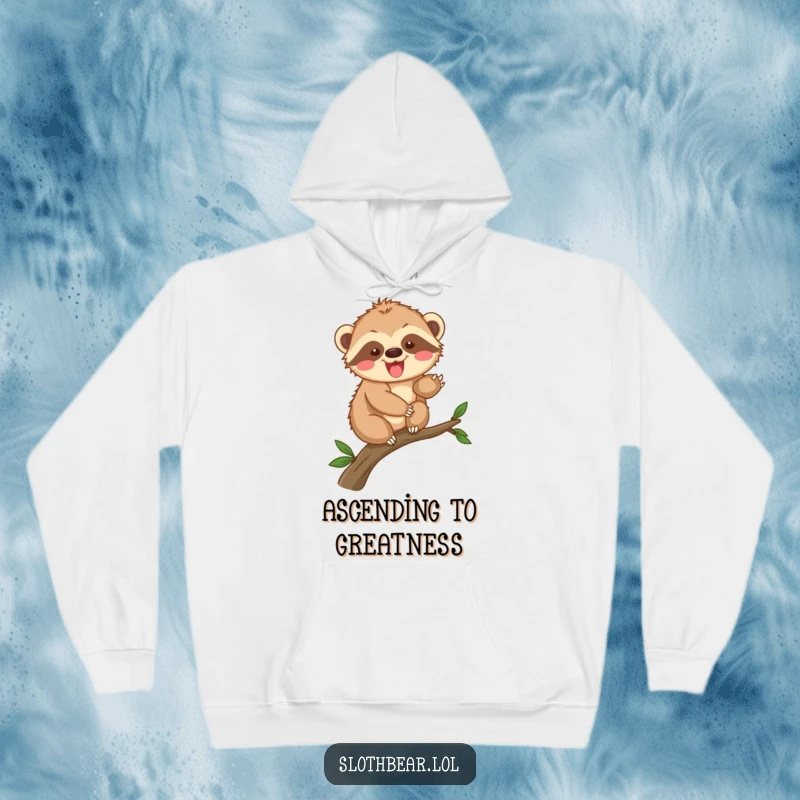 Funny sloth bear cub hoodie showing an excited character climbing, offering warmth and a symbol of playful exploration.