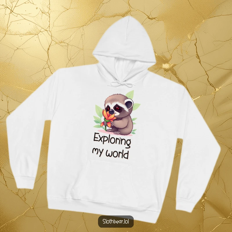 Funny sloth bear cub looking up in wonder while sniffing an exotic flower, featured on a comfortable and humorous hoodie.