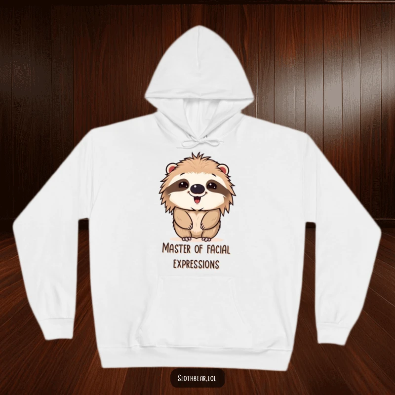 Funny hoodie with a sloth bear making a comical face, offering warmth and a chuckle with its silly and humorous design.