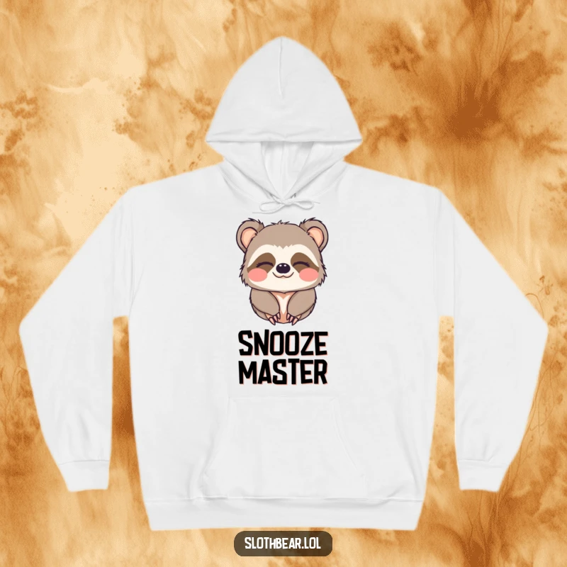 Funny hoodie with a kawaii sloth bear character looking very sleepy and giving a gentle, charming wink.