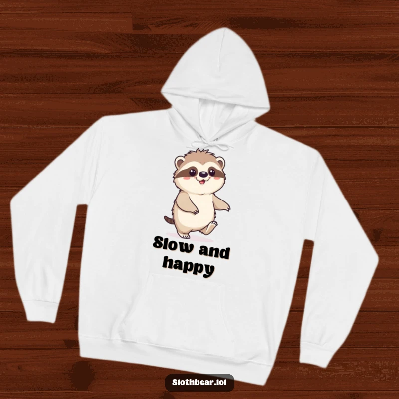 Funny Sloth Bear Hoodie showing a character doing a happy shuffle, perfect for staying warm and embodying a relaxed, joyful mood.