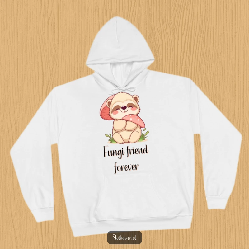 Funny sloth bear hoodie with a character gently hugging a large mushroom, providing cozy woodland vibes and a touch of whimsy.