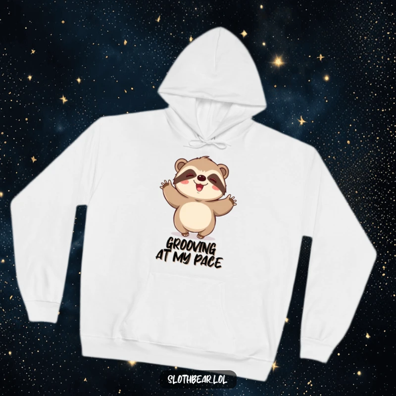 Funny hoodie print: A kawaii sloth bear character engaged in a slow, joyous wiggle, radiating pure contentment and fun.