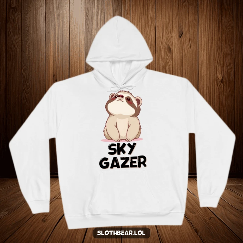 Funny sloth bear hoodie showing a bear's head tilted up towards the sky with eyes full of wonder, offering cozy humor.