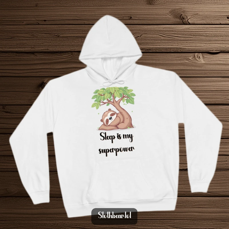 Funny hoodie depicting a happy sloth bear character napping peacefully under a leafy tree, offering maximum cozy and humorous comfort.