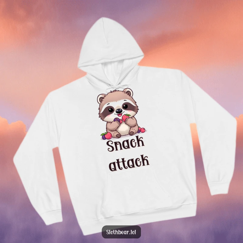 Funny kawaii sloth bear hoodie featuring a charming character enjoying a digital berry snack, offering warmth and humor.