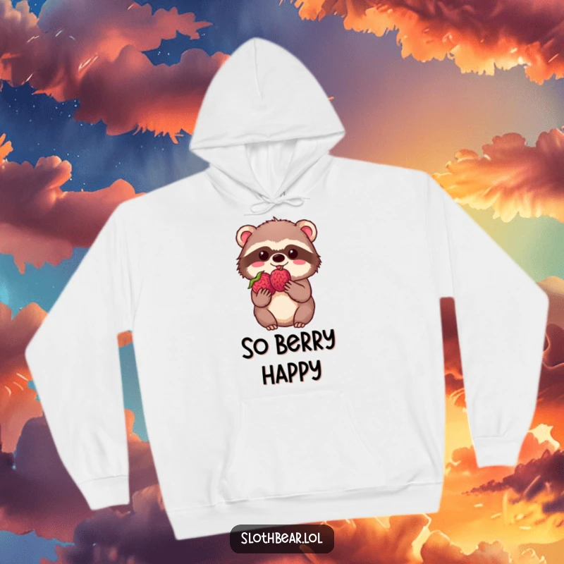 Funny kawaii sloth bear holding a single berry with delight on a soft hoodie, radiating warmth and cuteness.