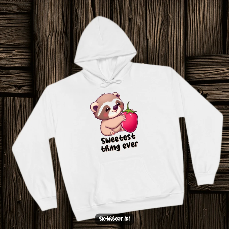 Funny hoodie print: A kawaii sloth bear character happily stretching its paw towards a tempting ripe berry, looking content.