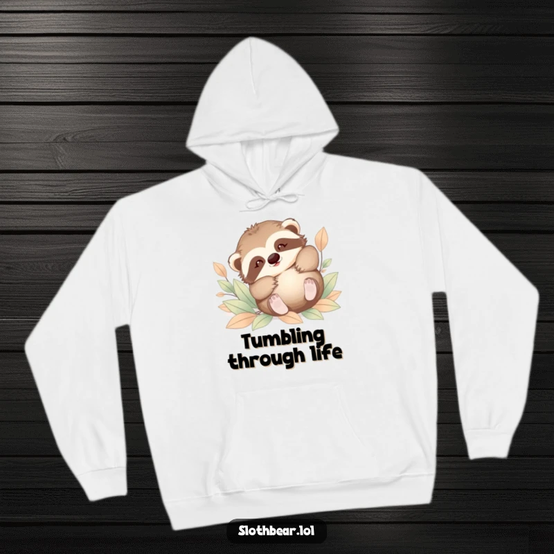 Funny hoodie showcasing a baby sloth bear playfully tumbling in soft leaves, radiating pure joy. A comfortable and humorous gift.