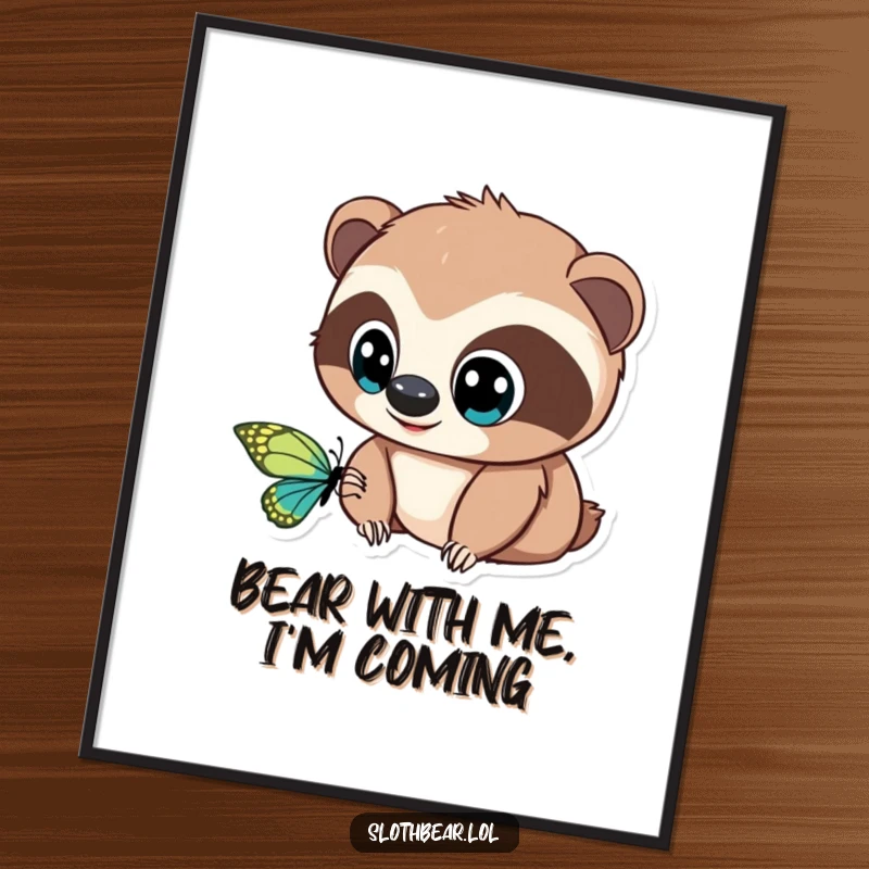 Funny Free Printable Sloth Bear Wall Art, a curious bear with big eyes gazing at a butterfly, perfect for DIY home decor.