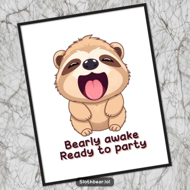 Funny Free Printable Wall Art: A charming sloth bear is captured mid-yawn, showing its tiny pink tongue with sleepy delight.