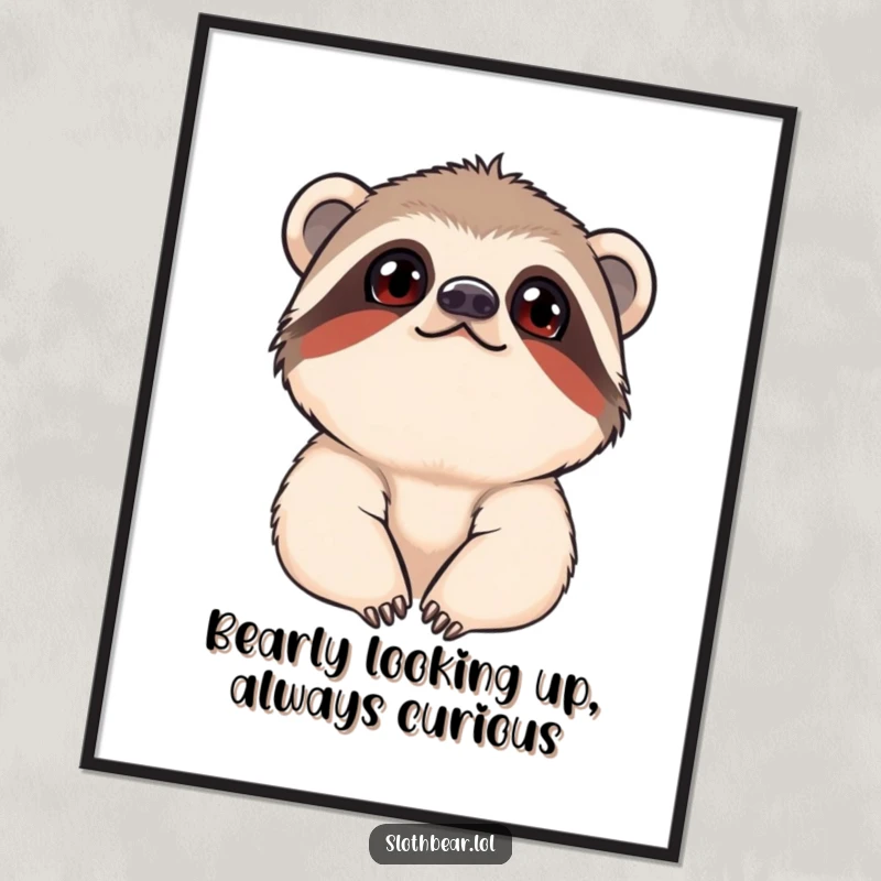 Funny Free Printable Wall Art: A young sloth bear cub looking up with a curious expression, perfect for adding charm to any wall.
