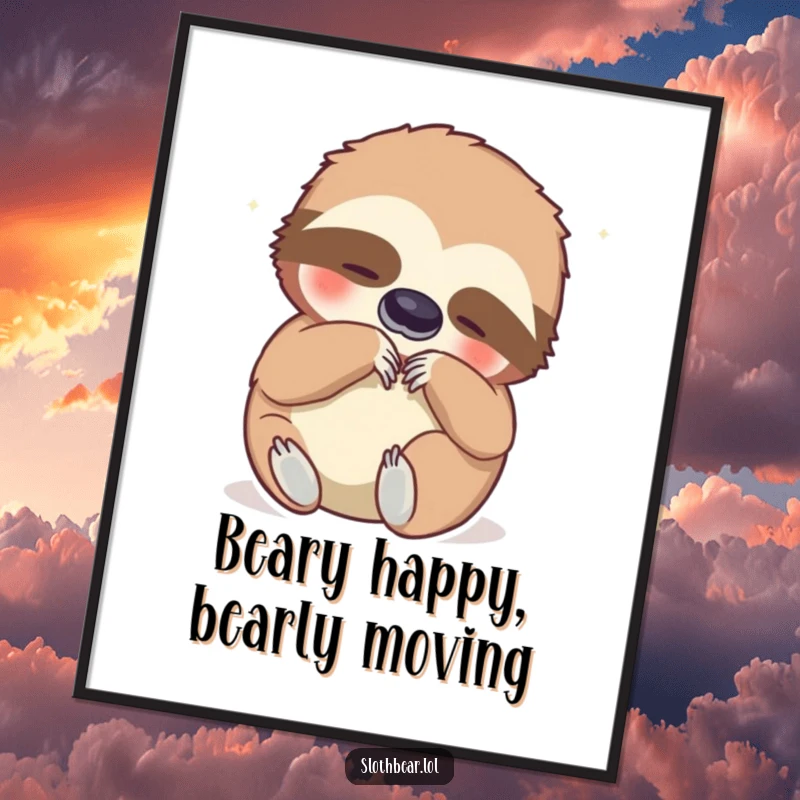 Funny Free Printable Wall Art: Content sloth bear with a belly rub, radiating pure bliss, perfect humorous downloadable decor.