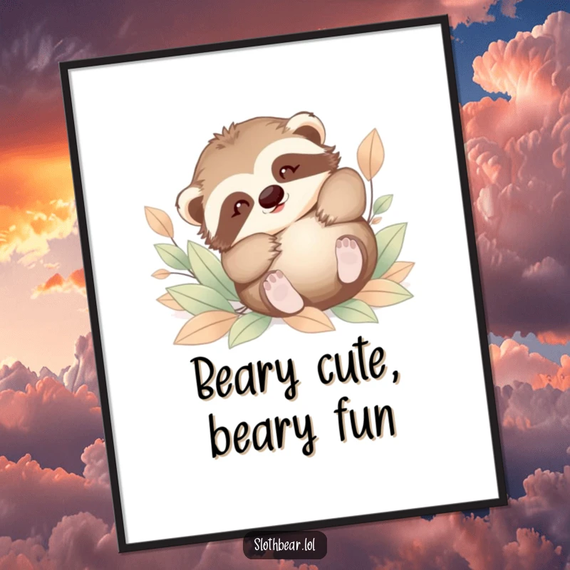 Funny Free Printable Baby Sloth Bear Wall Art, a cub tumbling playfully in soft leaves, adorable downloadable decor.