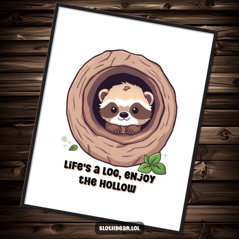 Funny Free Printable Wall Art of a cute sloth bear cub peeking from a hollow tree log, perfect for nursery decor.