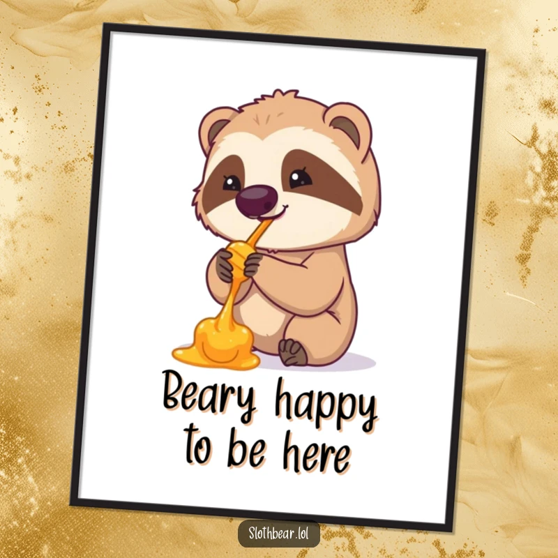 Funny Free Printable Sloth Bear Wall Art, a bear daintily licking honey from its paw, whimsical downloadable decor.