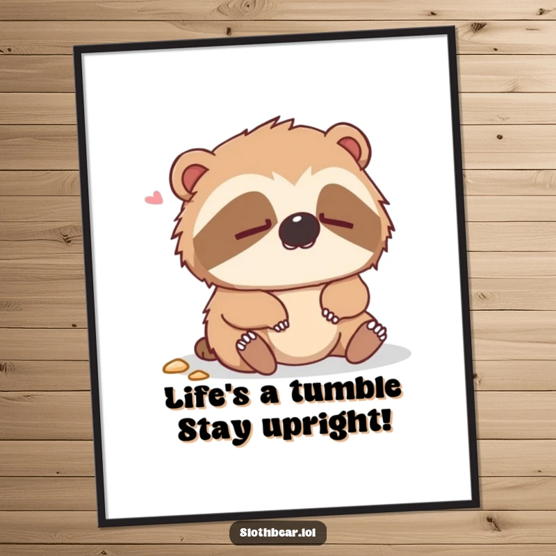 Funny Free Printable Wall Art: A dazed sloth bear sits looking bewildered after a gentle fall, adding humor to any room.