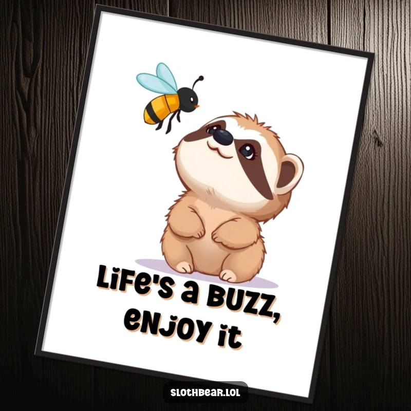 Funny Free Printable Wall Art: A small sloth bear staring up in pure fascination at a hovering bee.