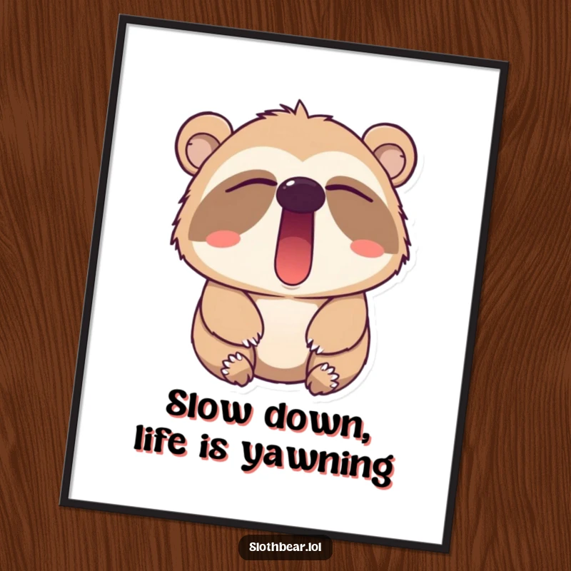 Funny Free Printable Wall Art: A charming sloth bear in the middle of a huge, exaggerated yawn with eyes closed, radiating ultimate relaxation. Download and print!