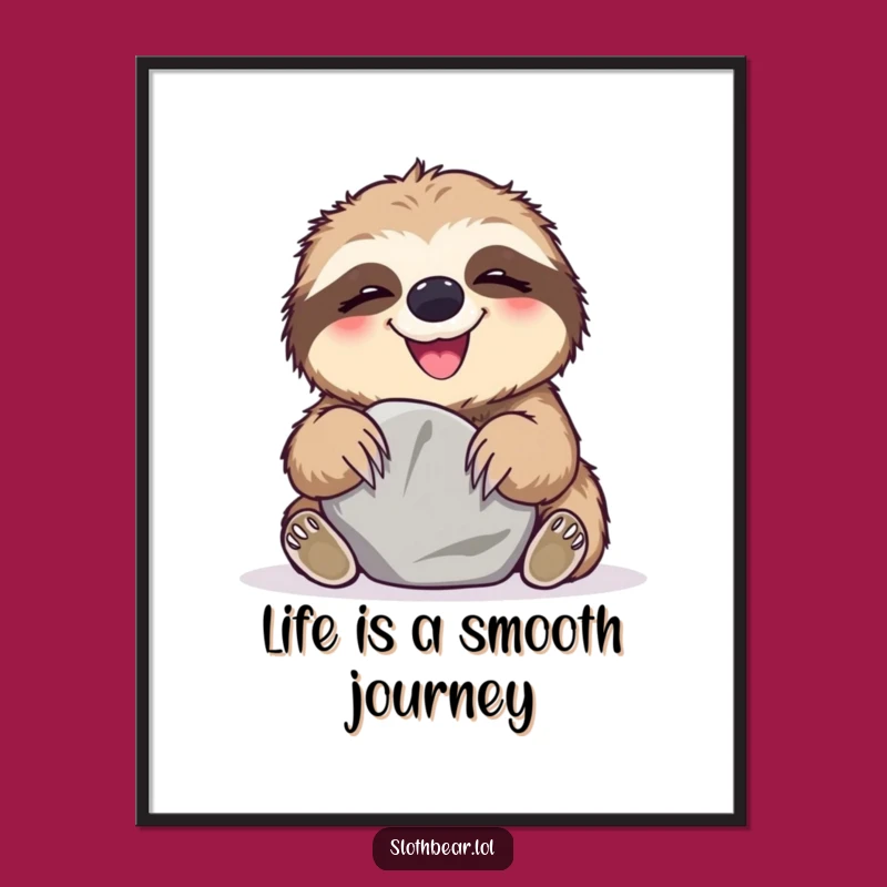 Free Printable Wall Art: Giggling Sloth Bear with Stone - Funny Downloadable Art