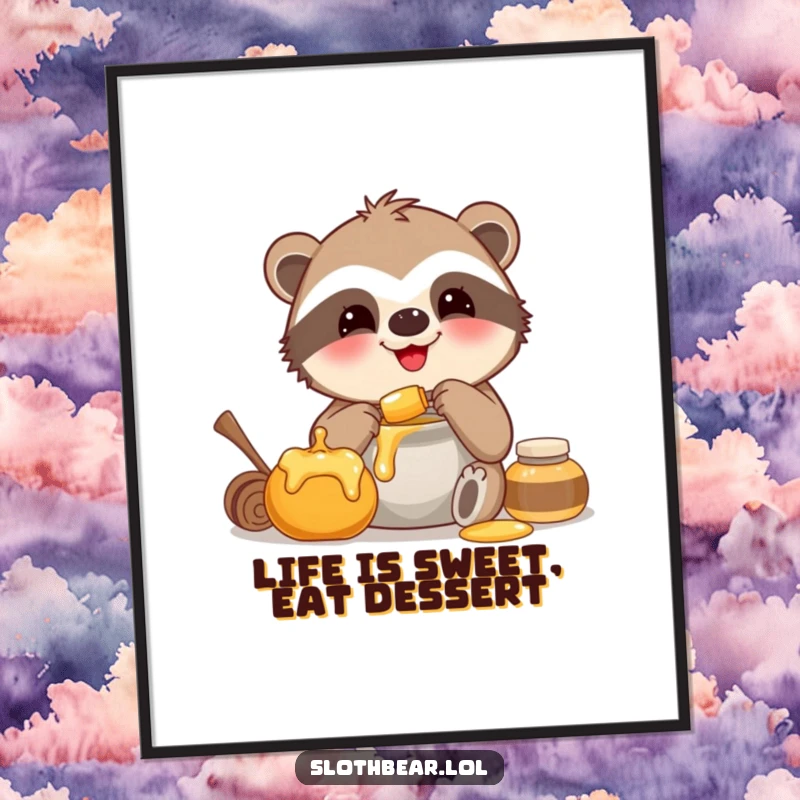 Funny Free Printable Wall Art: A smiling sloth bear joyfully eats honey from a pot, bringing sweet, humorous vibes.