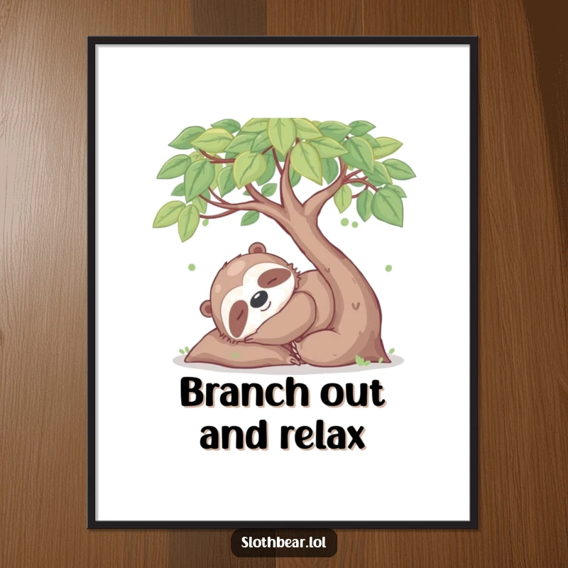 Funny Free Printable Wall Art: A happy sloth bear in a deep, peaceful nap under a lush green leafy tree.
