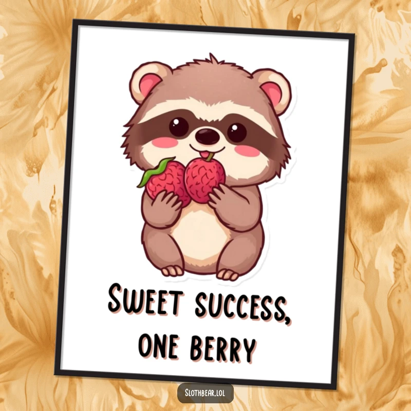 Funny Free Printable Wall Art: Kawaii sloth bear holding a single perfect berry with immense delight, adding whimsical charm.