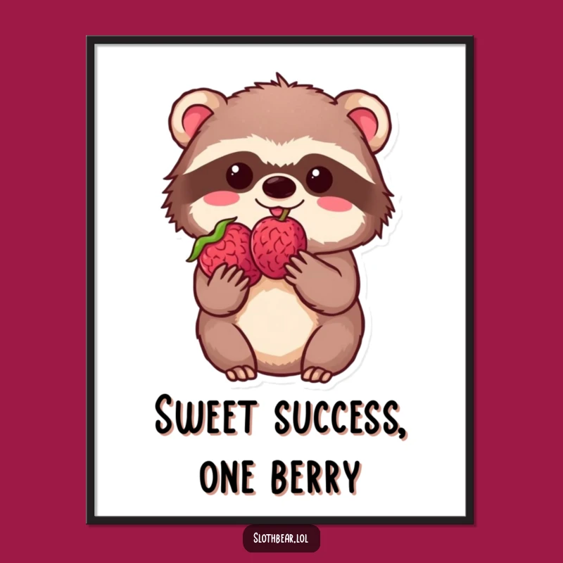 Free Printable Wall Art: Kawaii Sloth Bear Berry Delight - Funny Downloadable Decor