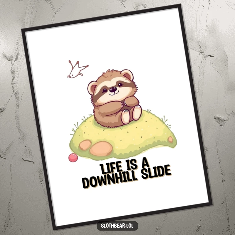 Funny Free Printable Wall Art: Kawaii sloth bear joyfully rolling down a mossy hill, capturing a moment of pure, playful bliss.