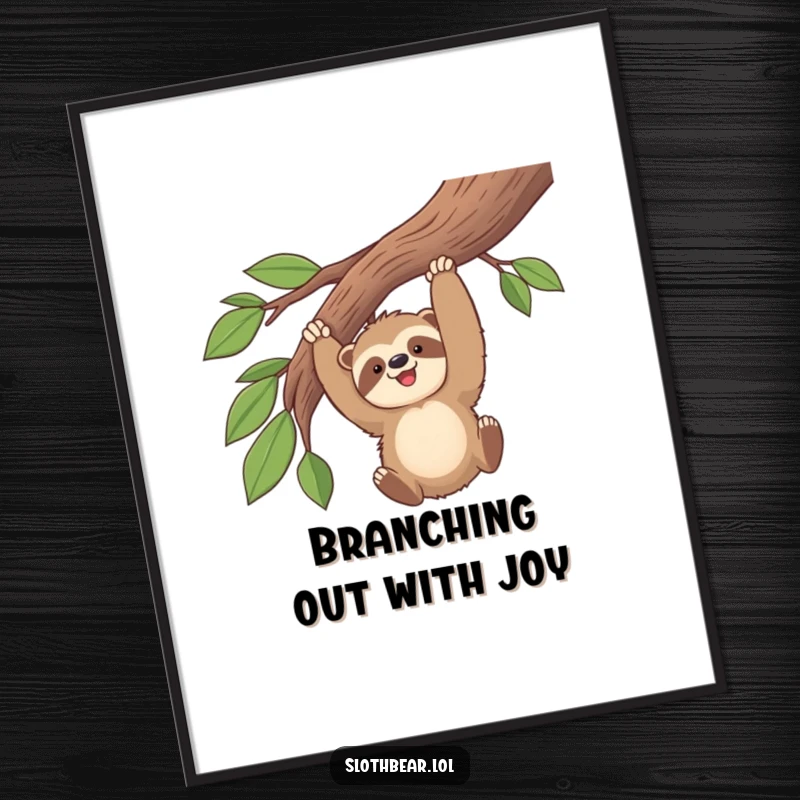 Funny Free Printable Wall Art: Kawaii sloth bear swinging gleefully from a branch, adding playful charm to any room.