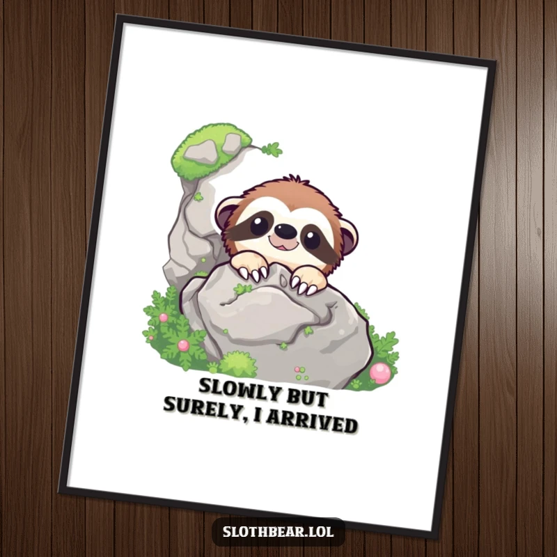 Funny Free Printable Wall Art: A cheerful sloth bear peeks from behind a large, mossy rock, offering a gentle, curious gaze.