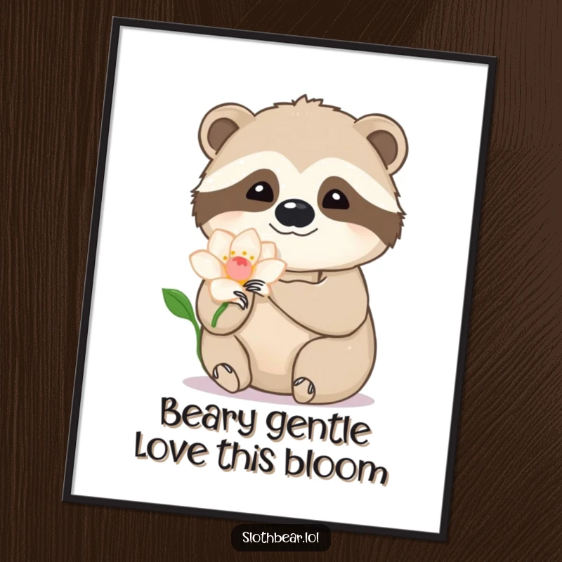 Free Printable Wall Art: A sloth bear is depicted gently stroking a delicate flower petal with its paw in a calm scene.