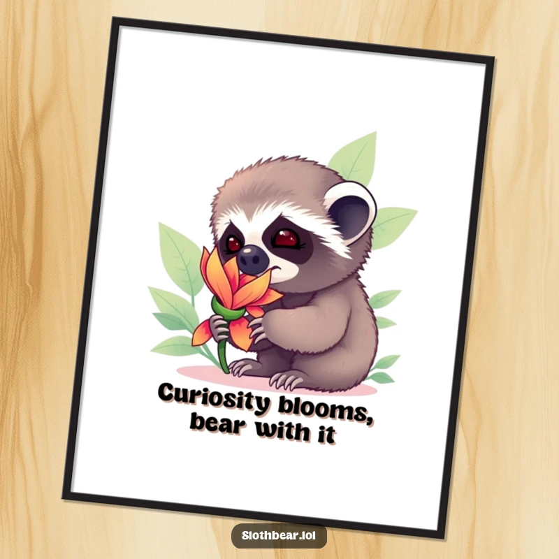 Funny Free Printable Wall Art: Curious sloth bear cub exploring nature, sniffing a vibrant exotic flower with wide-eyed wonder.
