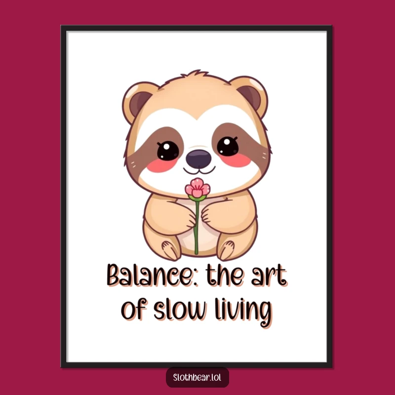 Funny Free Printable Wall Art: Kawaii Sloth Bear's Flower Balancing Zen