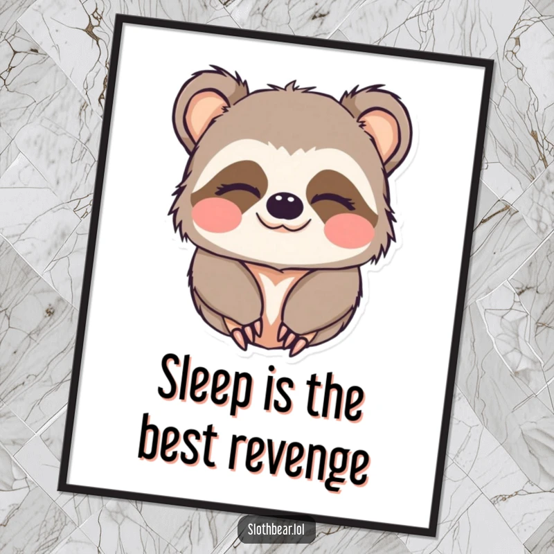 Funny Free Printable Wall Art: Kawaii sloth bear with sleepy eyes, giving a soft, charming wink, exuding cozy and relaxed vibes.