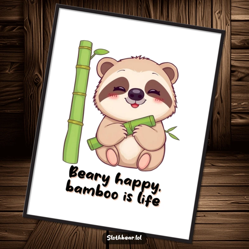 Funny Free Printable Wall Art: A contented sloth bear with a gentle smile enjoys munching on a bamboo stalk.