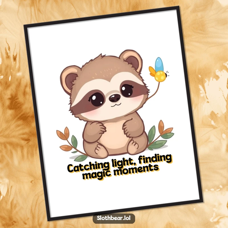 Funny Free Printable Wall Art: A curious sloth bear watches a firefly's light blink on in the dark.