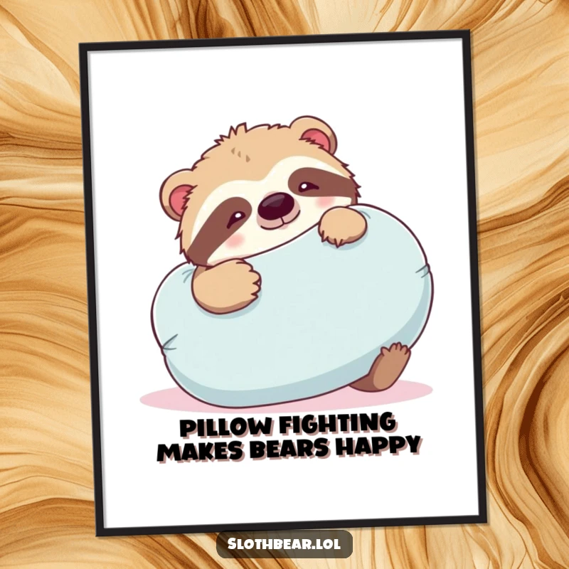 Funny Free Printable Wall Art: A happy sloth bear joyfully wrestles with a large, soft pillow.