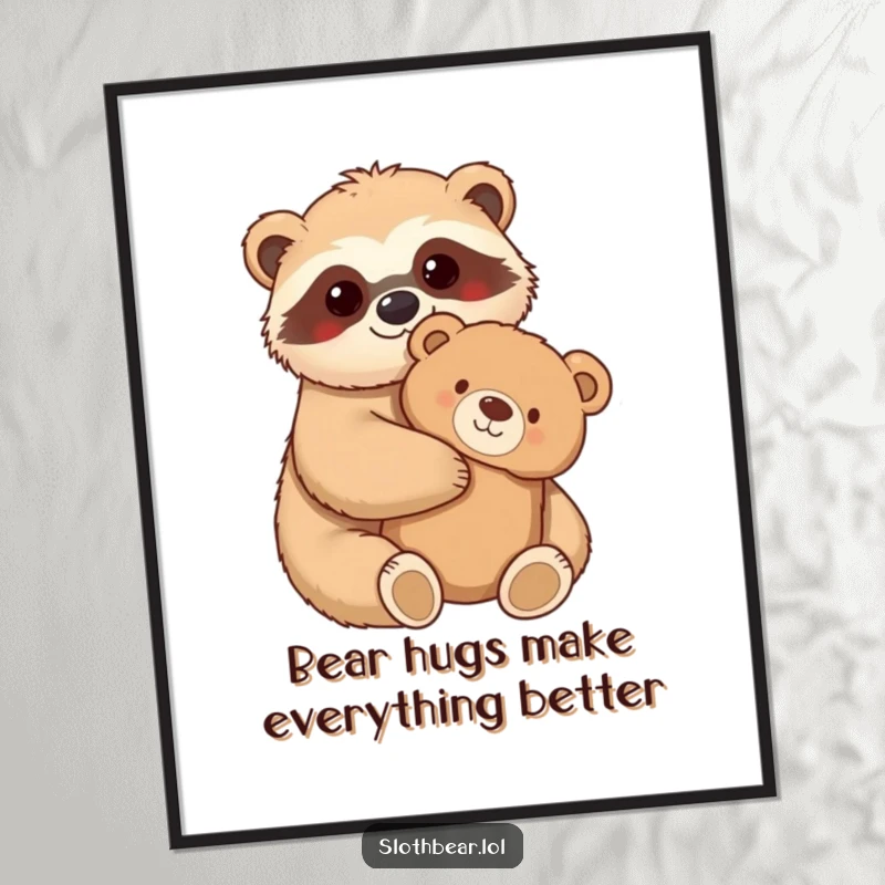 Funny Free Printable Wall Art: A kawaii sloth bear character embracing a fuzzy teddy bear, radiating warmth and gentle affection.