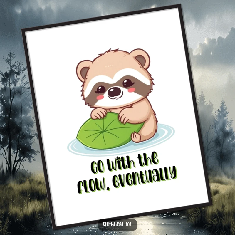 Funny Free Printable Wall Art: Kawaii sloth bear gently nudging a single floating leaf, creating a serene and peaceful nature scene.