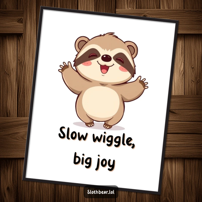 Cute Free Printable Wall Art of a kawaii sloth bear doing an incredibly happy, slow-motion wiggle.